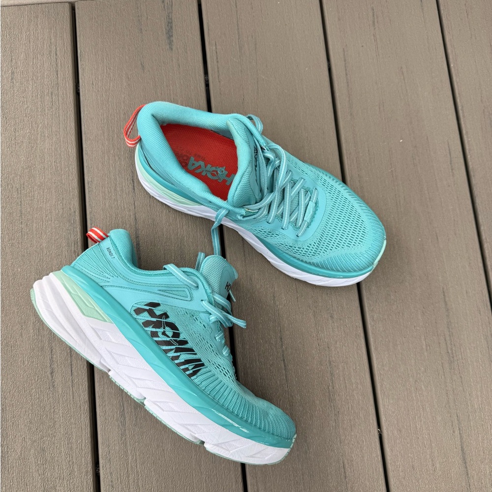 Hoka Aqua and White Athletic Shoes